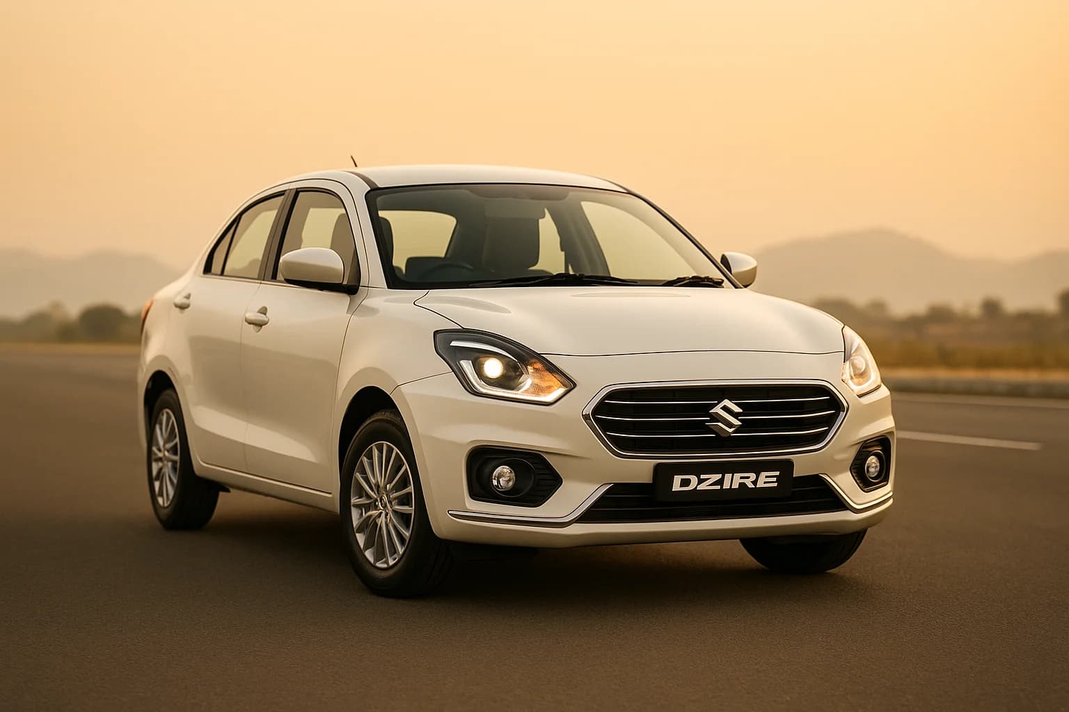 Sedan (Dzire-class, white, three-quarter)