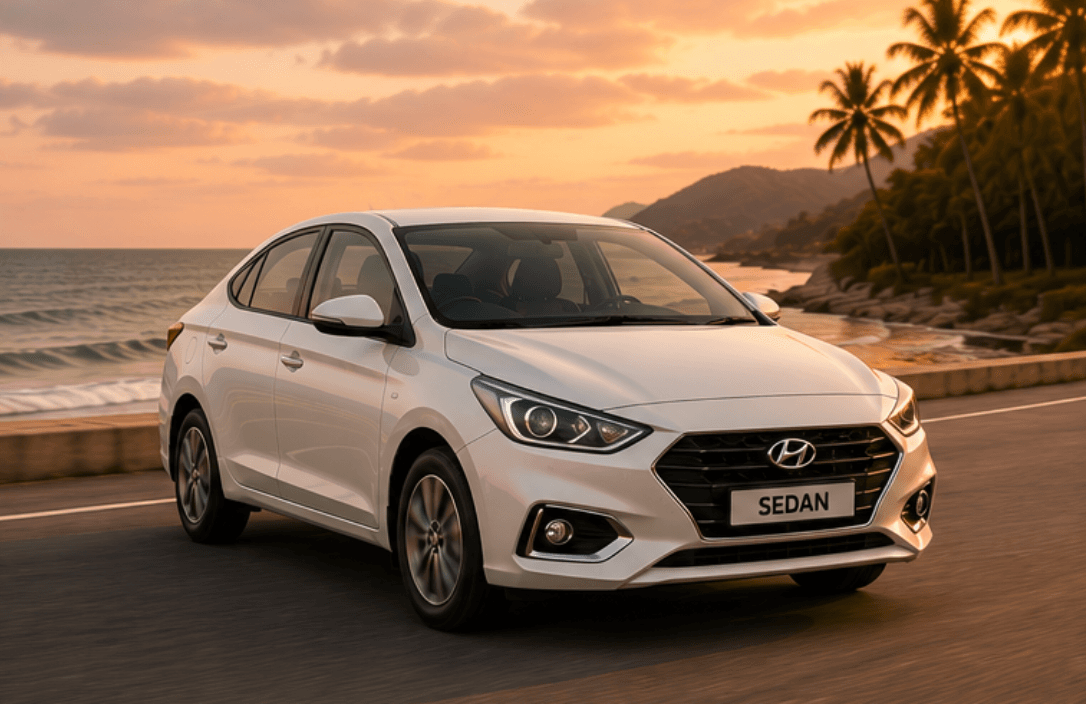 Sedan (Dzire-class, white, three-quarter)